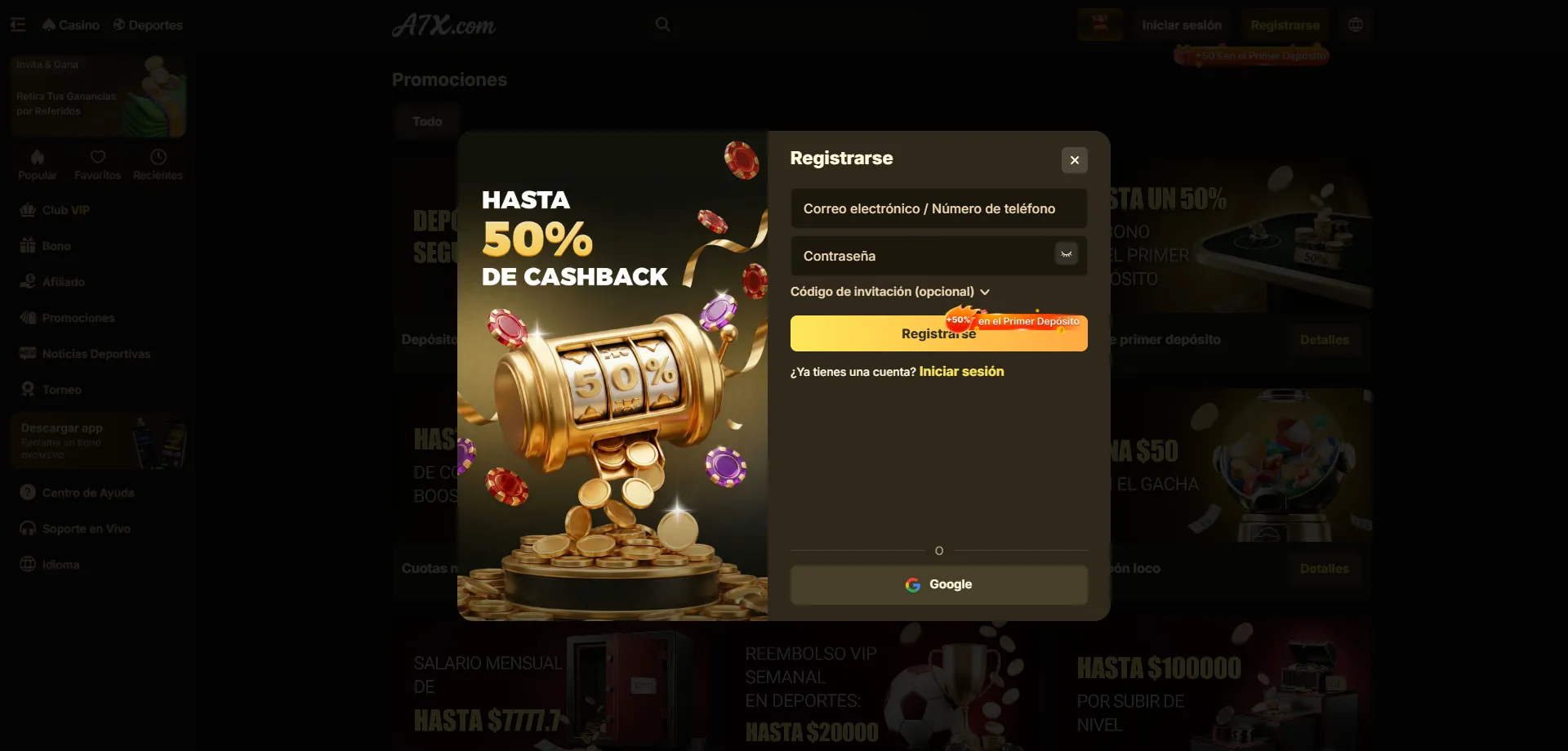 Registro rápido en A7X Casino paso a paso en México